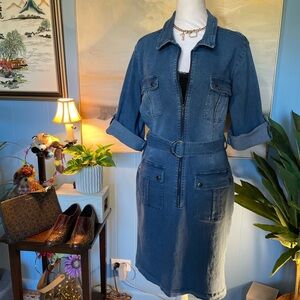 Chic Denim Belted Midi Dress